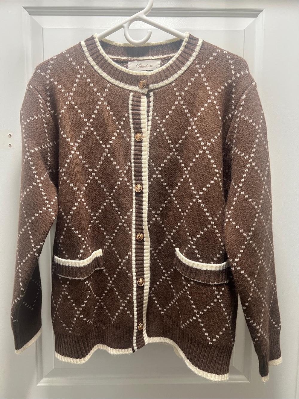 Brown Knit Diamond-Pattern Cardigan Sweater